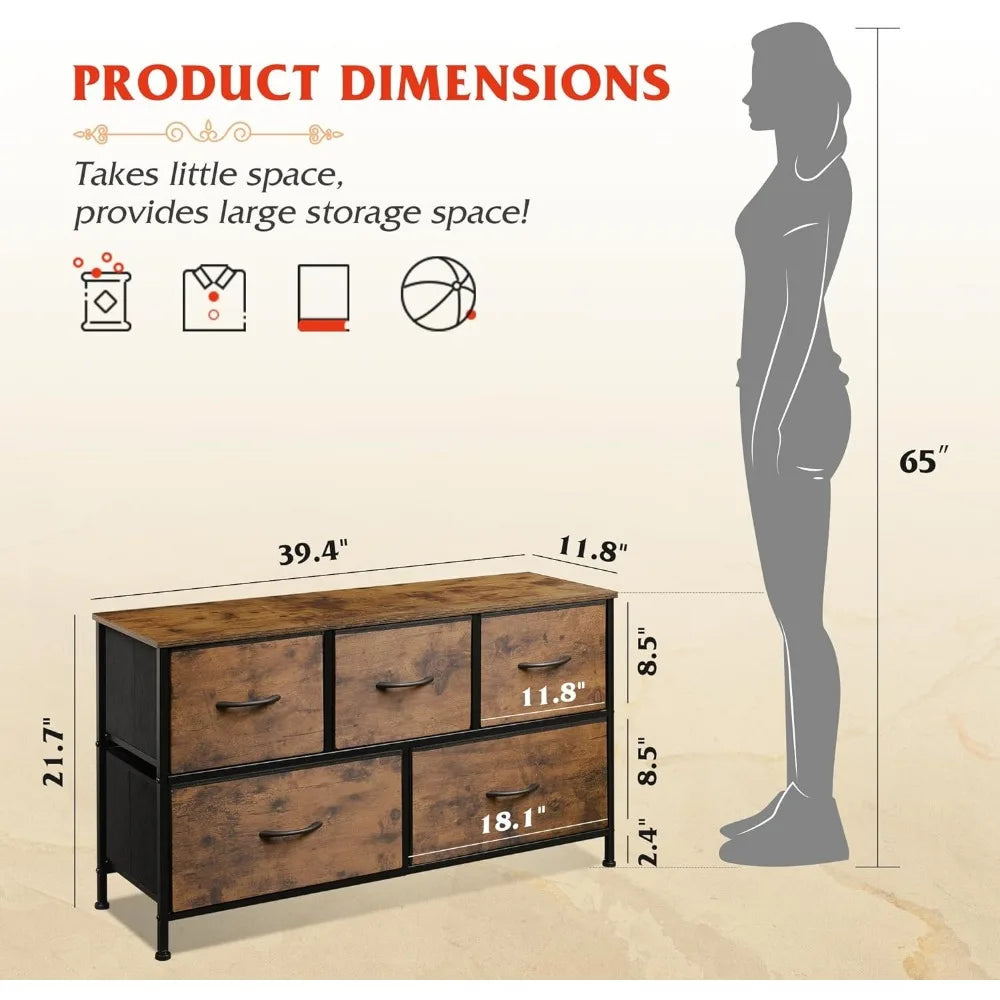 Dresser for Bedroom with 5 Drawers, Wide Chest of Drawers, Fabric Dresser, Storage Organizer Unit with Fabric Bins for Closet