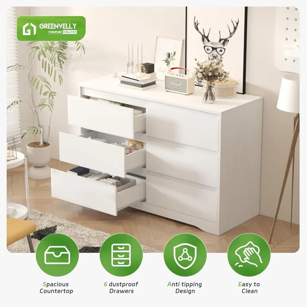 Cómoda blanca con cajones profundos, cómoda moderna de 6 cajones para dormitorio, cómoda grande de madera para dormitorio