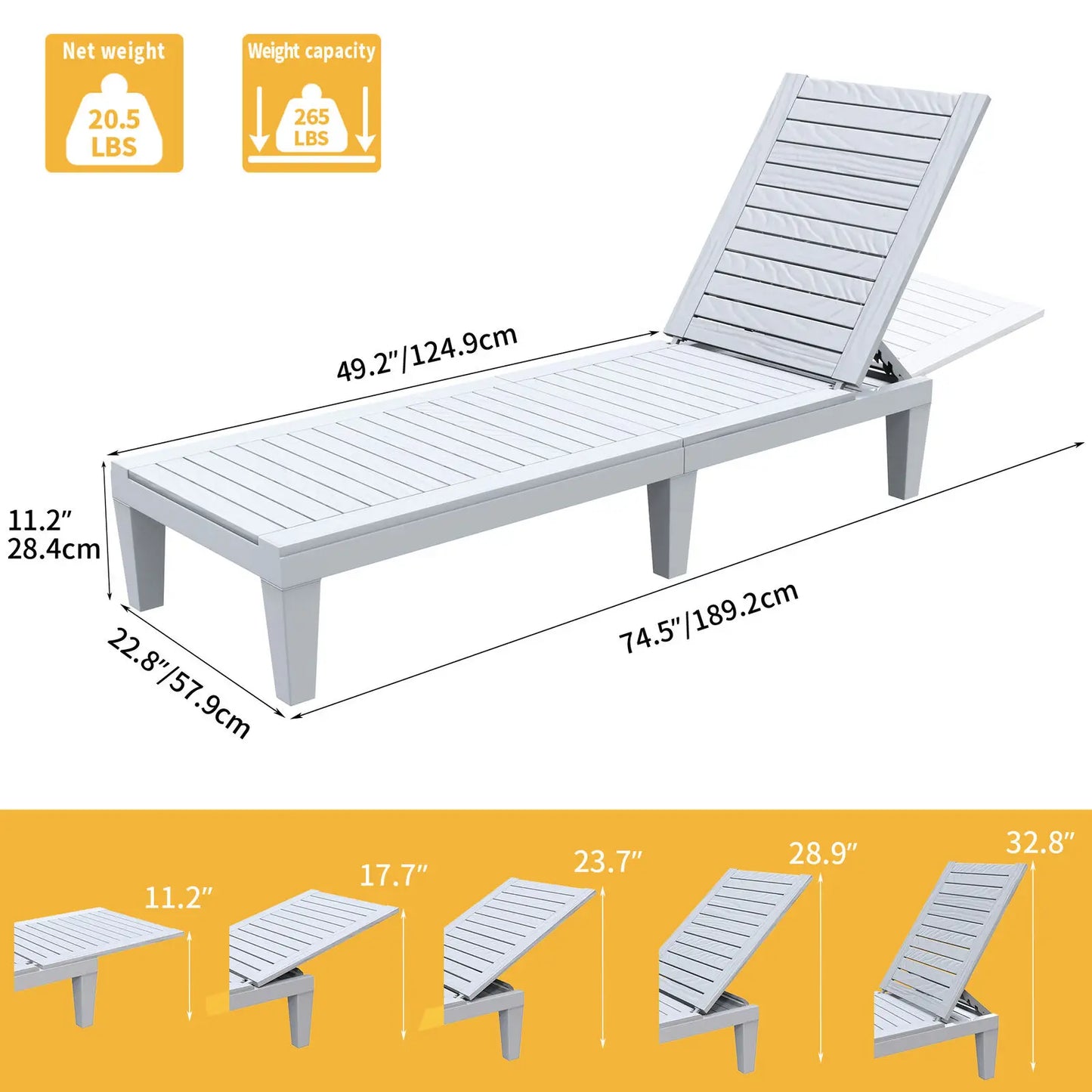 1Pcs Patio Chaise Lounge Chair Resin Adjustable Lounge Chairs for Outdoor White