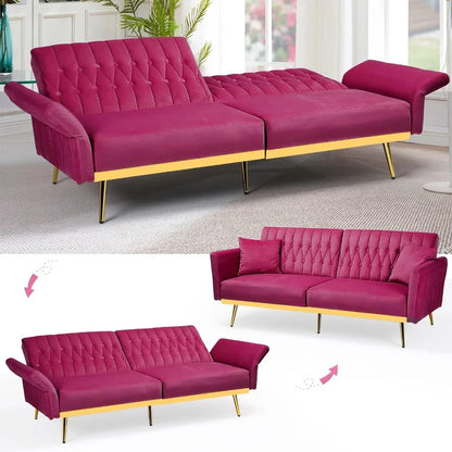 Canapé-lit futon en velours de 70 po avec dossiers et accoudoirs réglables, canapé-lit futon convertible avec deux oreillers, lit-lit capitonné