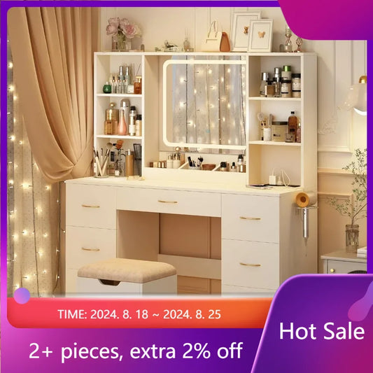 Air Dresser LED White Vanity Set With Stool and Power Outlet Bedroom Furniture Home Makeup Vanity Table Girls(White) Furnitures