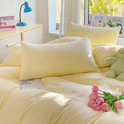 High Quality INS Style Solid Color Bedding Set Washed Cotton Bed Linen Yellow Duvet Cover Flat Sheet Pillowcase Girls Bedclothes