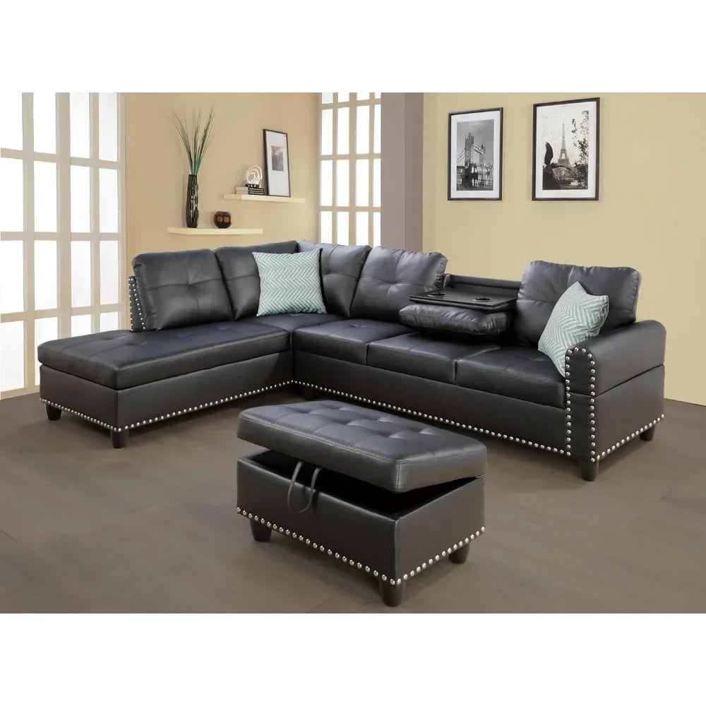 L-Shape 6 Seat Living Room Sofa, Faux Leather Upholstered, with Removable Ottoman, Black Sofa Bed