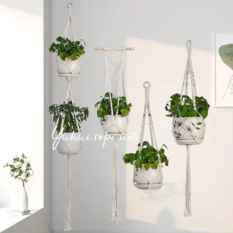 Panier suspendu en macramé fait à la main pour plantes, support de pots de jardin, décoration murale en macramé pour balcon, corde de levage nouée, décoration d'intérieur