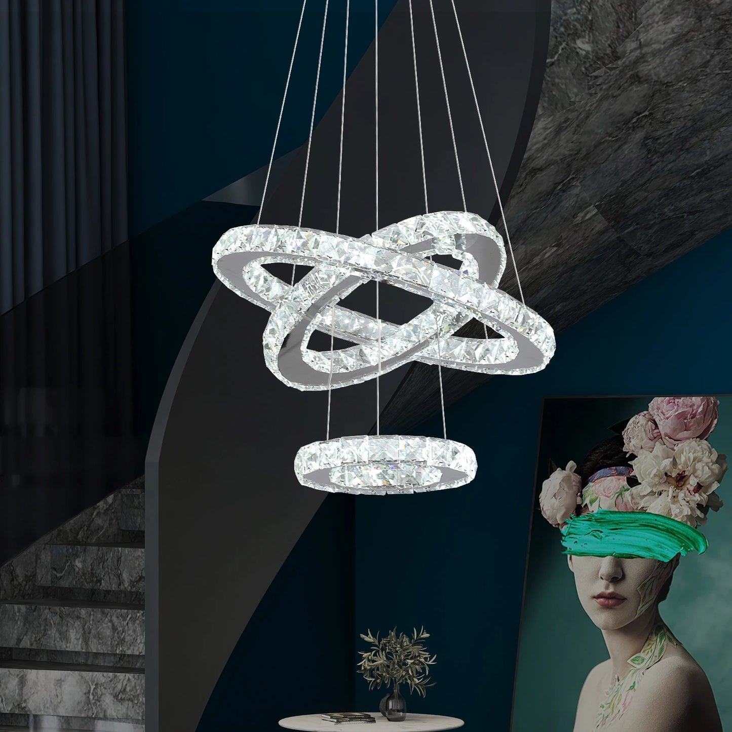 Luxury Crystal Led Chandelier Lamp Home Luminaire Rings Adjustable Pendant Light Fixture With Remote Control Bedroom Living Room