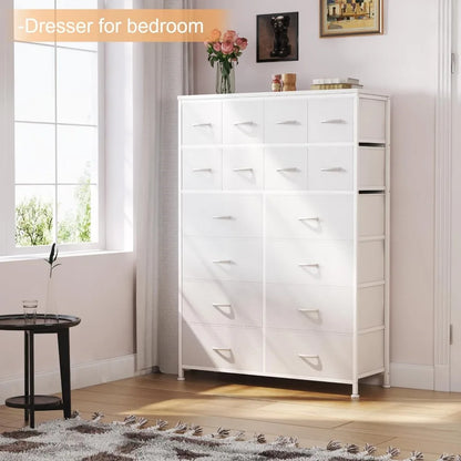 16 Dresser Drawer for Bedroom, Tall Dresser with PU Fabric Storage Drawer, Large Dressers & Chest of Drawers for Kid Room Closet