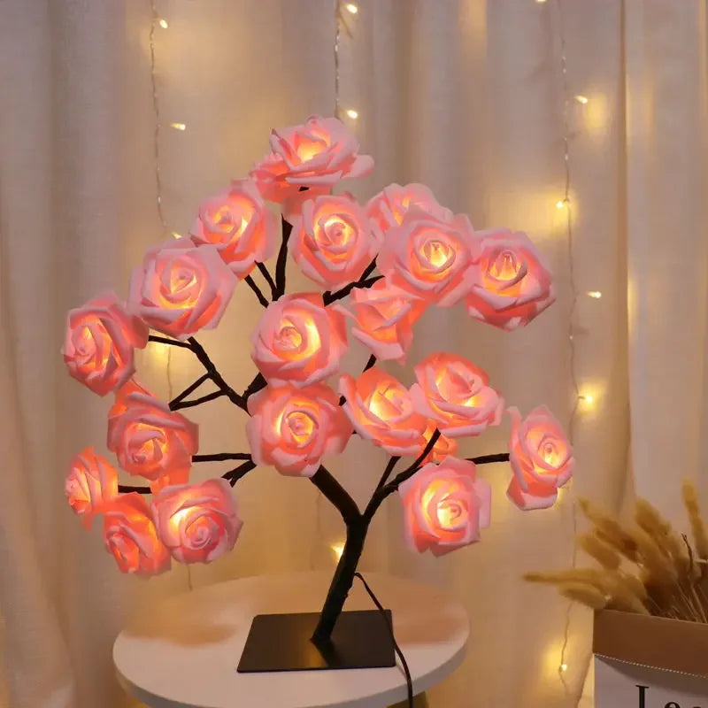 Lámpara de mesa con forma de árbol de flores, 24 cabezas, rosas, luces de noche de escritorio de hadas, funciona con USB, regalos para bodas, San Valentín, decoración navideña