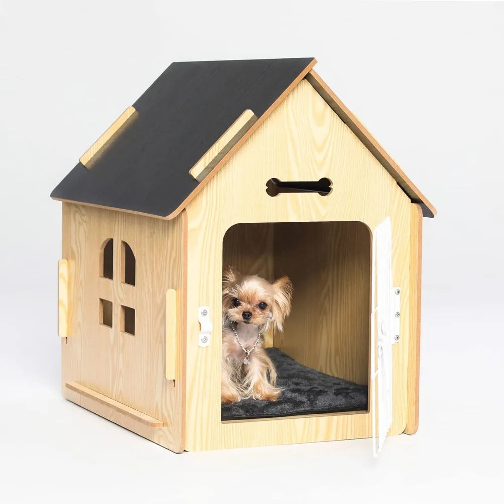 Niche pour chien confortable en bois pour chiens, petite chambre d'intérieur, grotte pour chien avec aérations et plancher surélevé pour la chaleur