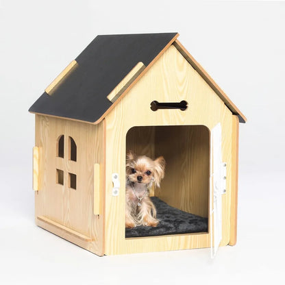 Caseta para perros de diseño de madera cómoda, casa para perros, habitación pequeña para interiores, cueva para perros con rejillas de ventilación y piso elevado para mantener el calor, jaula