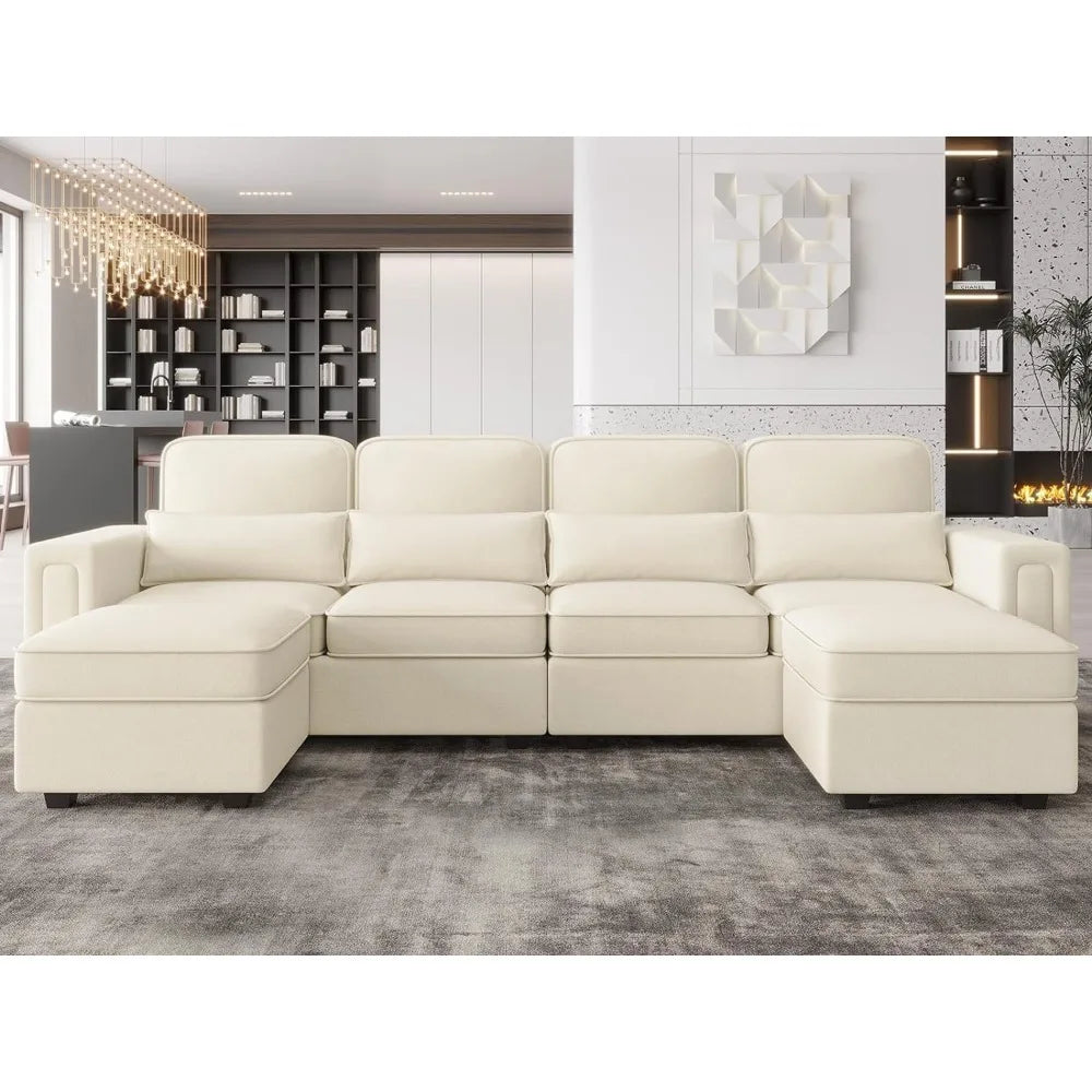 Living Room Sofa, 6 Seats U-Shaped Convertible Couch with Reversible Chaise, Modular Sofa with Pillows & Storage Ottoman, Beige