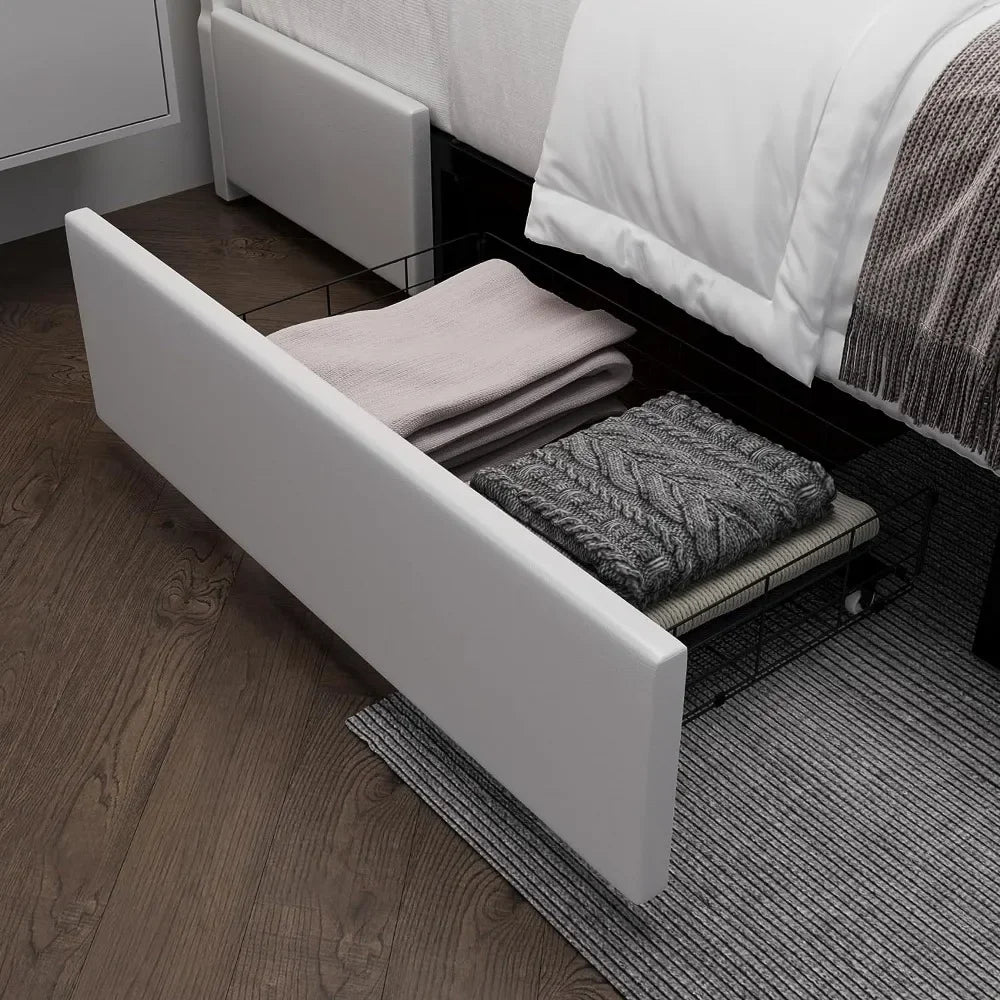 Full Size Bed Frame, Headboard with RGB LED Lights and 2 Storage Drawers, Modern Upholstered Faux Leather Smart Platform Bed