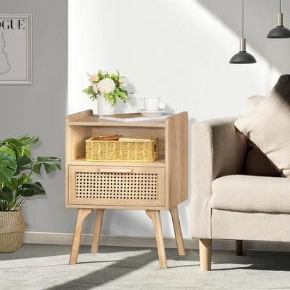 Ensemble de 2 tables de chevet en rotin, table de chevet d'appoint en rotin avec pieds en bois massif pour chambre à coucher, dortoir et petits espaces