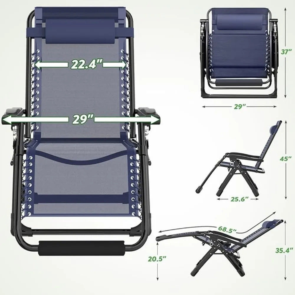 Chaises surdimensionnées à gravité zéro 29 pouces XL Support 500 lb, chaise de jardin à gravité zéro réglable robuste avec coussin amovible