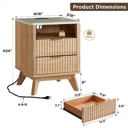 Table de chevet cannelée avec station de charge, table d'appoint moderne de 18 po avec plateau en faux marbre, table d'appoint à 2 tiroirs avec rangement, table de chevet