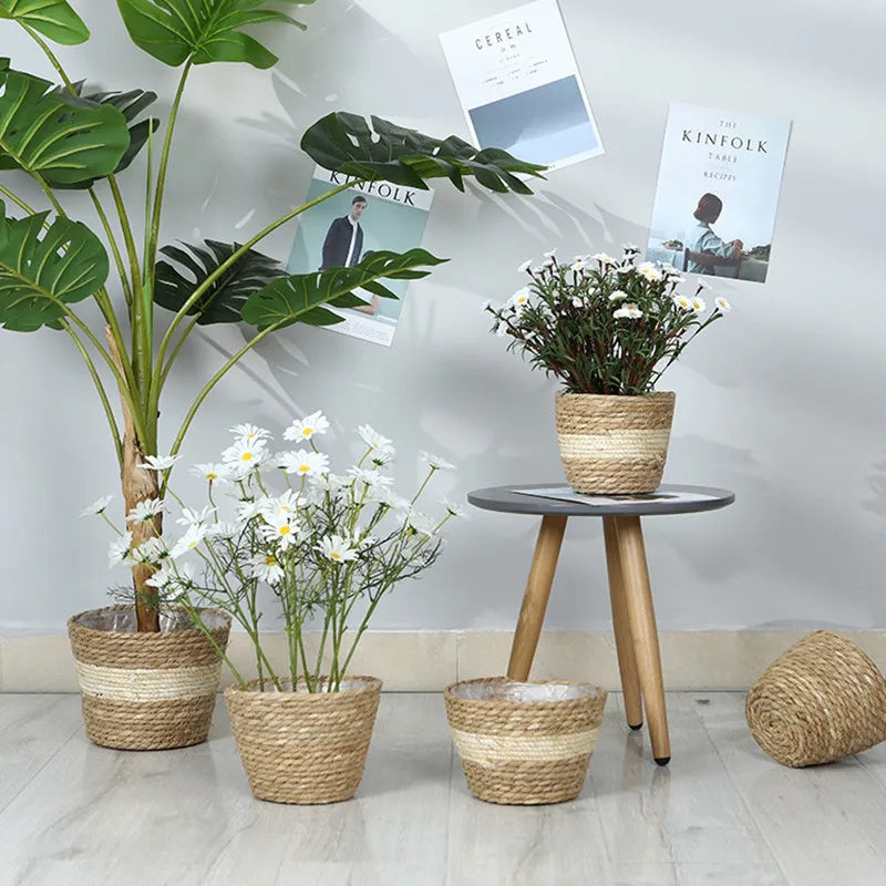 Cesta para macetas de flores tejidas con paja, cesta para macetas de césped, cubierta para macetas de interior y exterior, contenedores para plantas plantables