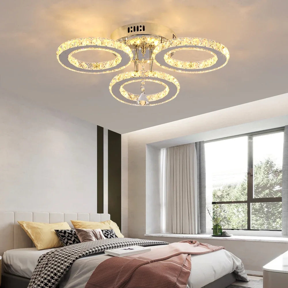 Modern Lustres K9 Crystal Chandelier Ceiling Lamps 3 Rings Stainless Steel Hanging Light Fixture Led Pendant Lamp Home Appliance