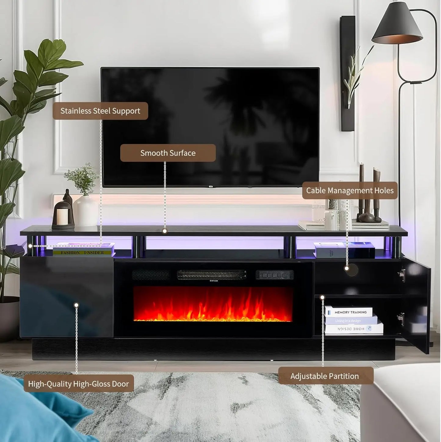 Mueble de TV con chimenea oneinmil con chimenea eléctrica de 36", centro de entretenimiento con luz LED, consola de TV de 2 niveles para televisores de hasta 80"