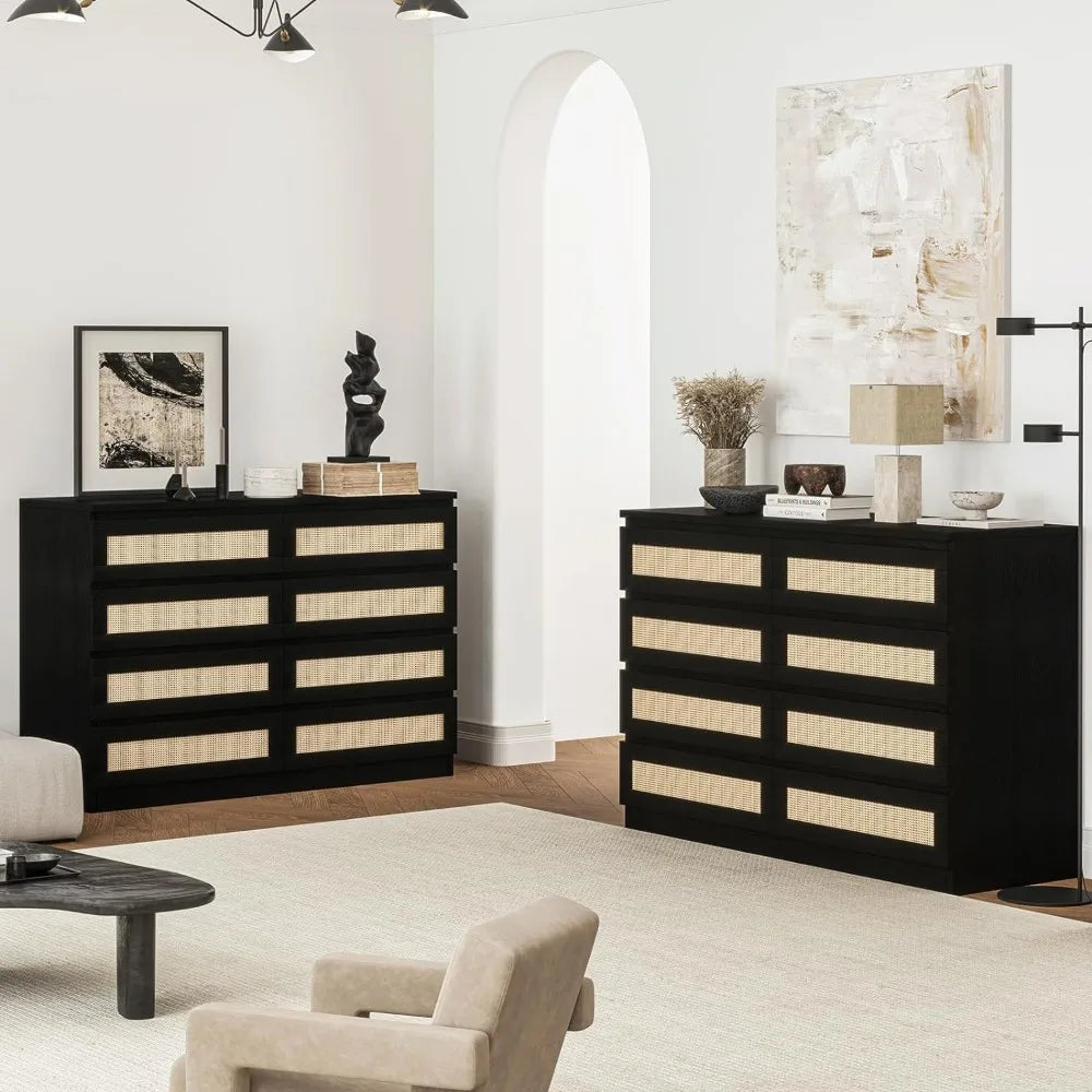 8 Drawer Double Dresser for Bedroom, Rattan Chest of Dressers, Minimalist Modern Wooden Dresser Chest, Easy Assembly, Black