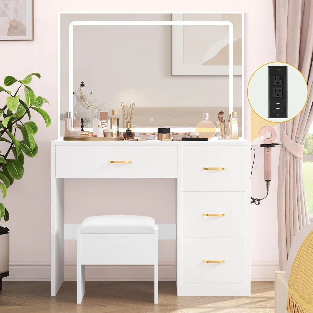 Commodes pour chambre à coucher, rangement blanc laiteux, coiffeuse, bureau avec grand miroir éclairé, avec prise de courant et bande LED