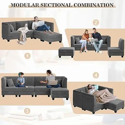 Sofá modular seccional en forma de L de chenilla, cómodo sofá Cloud de 3 plazas con otomana/chaise longue y 5 almohadas para sala de estar y dormitorio