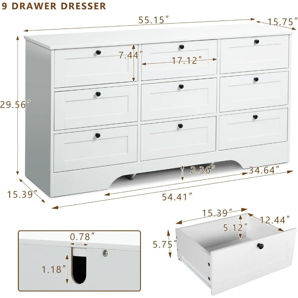 9 Drawer Dresser, White Long Dresser for Bedroom, Modern Wood Wide Dresser, Large Storage Chest of Drawers for Living Room