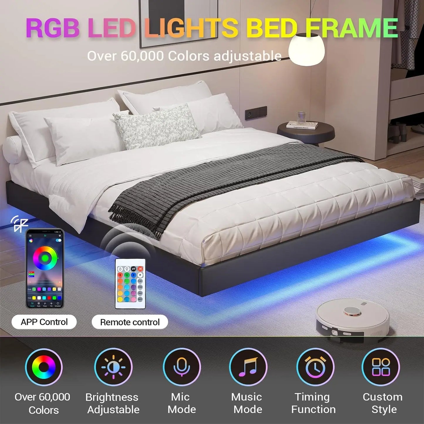 Floating Bed Frame Queen Size Floating Queen Bed Frame with LED Lights Modern LED Queen Platform Bed Frame with Solid Wood Slats