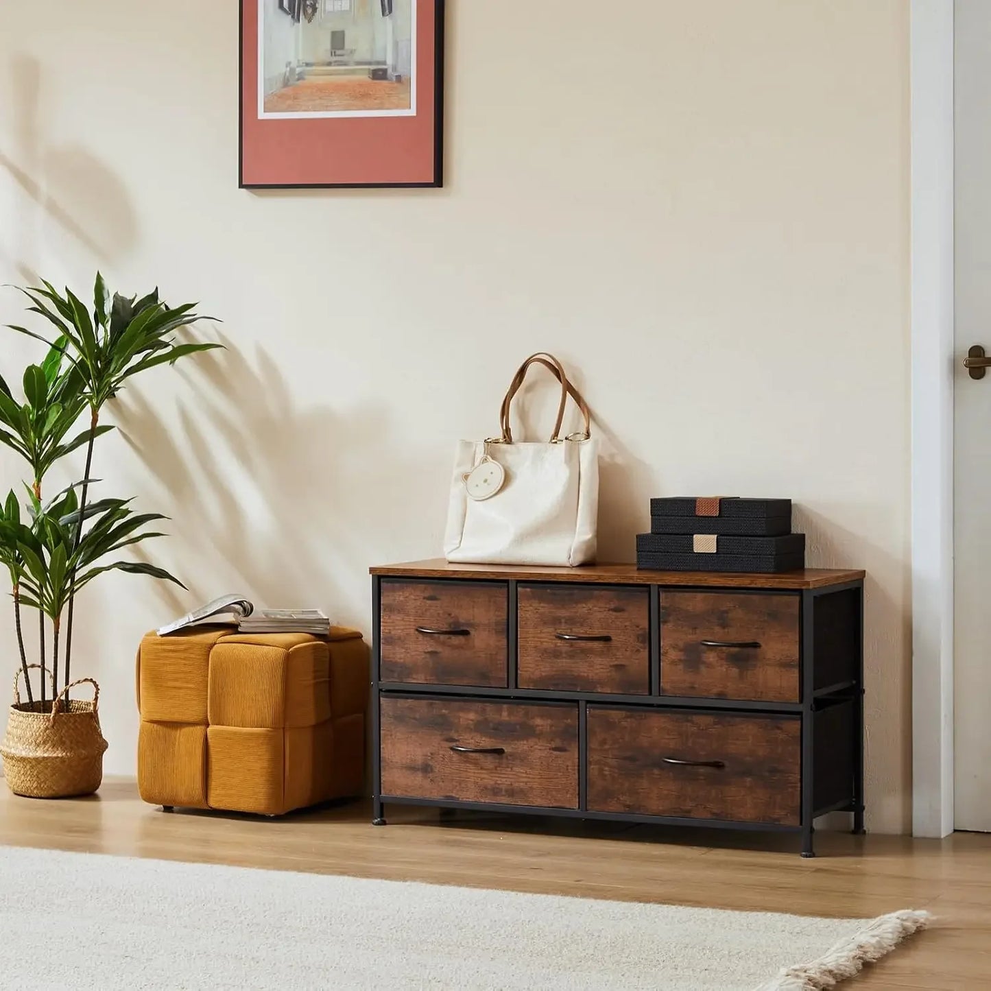 Commode pour chambre à coucher, rangement avec 5 tiroirs, placard, petite armoire en tissu pour vêtements, meuble pour enfants, tiroirs