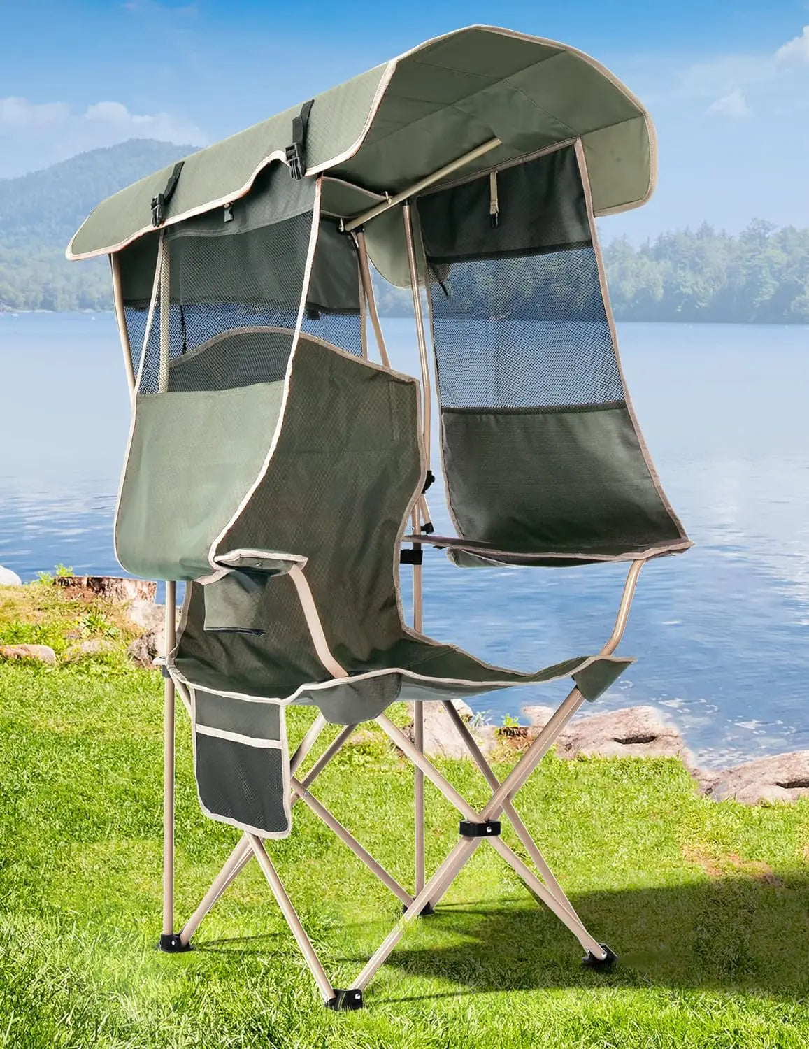 Folding Camping Chair with Shade Canopy for Adults, Canopy Chair for Outdoors Sports with Cup Holder, Side Pocket for Camp