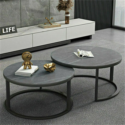 Ensemble de table basse ronde moderne en marbre gris avec plateau en pierre frittée et pieds en métal