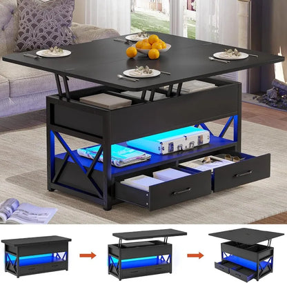 40" Lift Top Coffee Table, 4 in 1 Coffee Tables with Storage for Living Room, Small Farmhouse Coffee Table with 2 Drawers & LED