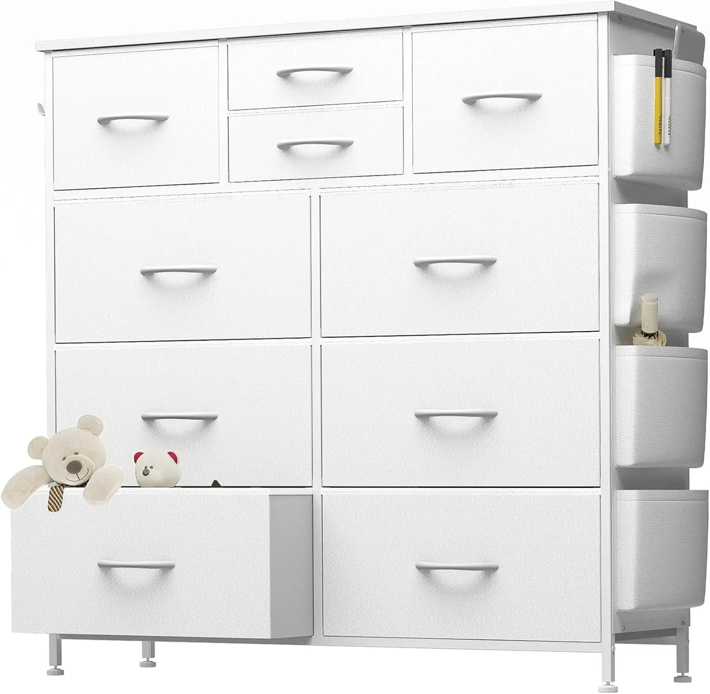 10 Drawer Dresser, Chest of Drawers for Bedroom, PU Dresser with Side Pockets, Hooks, Wooden Top and Sturdy Metal Frame