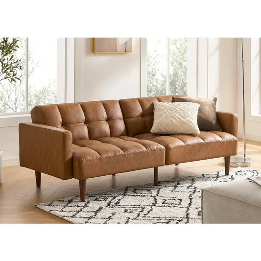 small sofa, sofa bed, sleeping chair sofa, mid century modern sand, living room sofa, bedroom (brown, synthetic leather)