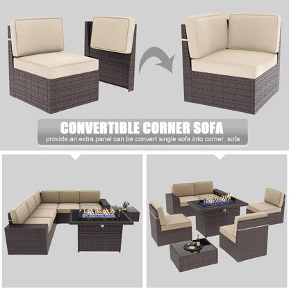 Juego de muebles de patio de 8 piezas con mesa para fogata a gas propano de 44", juego de sofá de mimbre y ratán y mesa de centro Rattan Möbel