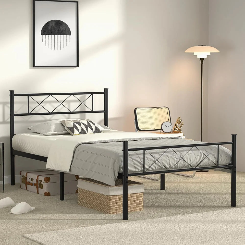 VECELO Twin Size Bed Frame with Headboard, Heavy-Duty Platform/Mattress Foundation with Metal Slats Support, No Box Spring