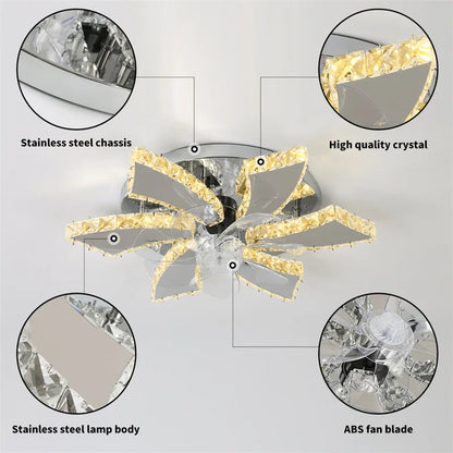 Crystal 5-Ring Fan Light Living Room Ceiling Light Stainless Steel Fixture Fandelier Plafon Fan Lamps Luminaire Led Chandelier