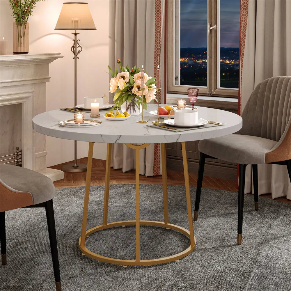 Round Dining Table 47.24 Inch Kitchen Table for 4 People Wooden Marble Pattern Dinner Room Table with Gold Base for Home office