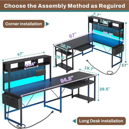 Mesa de juego en forma de L, mesa de ordenador reversible con toma de corriente y tablero de anuncios, mesa de juego con luz LED, color negro