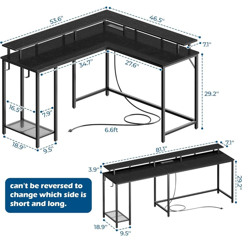 Table de jeu en L avec prise de courant et lumières LED, bureau d'ordinateur avec support d'écran, table d'angle avec crochets, noir