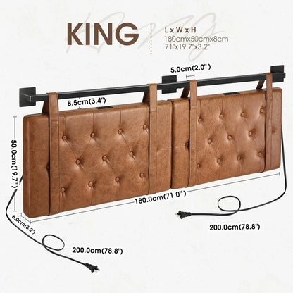 Tête de lit king size avec USB, tête de lit en cuir PU uniquement, têtes de lit suspendues marron