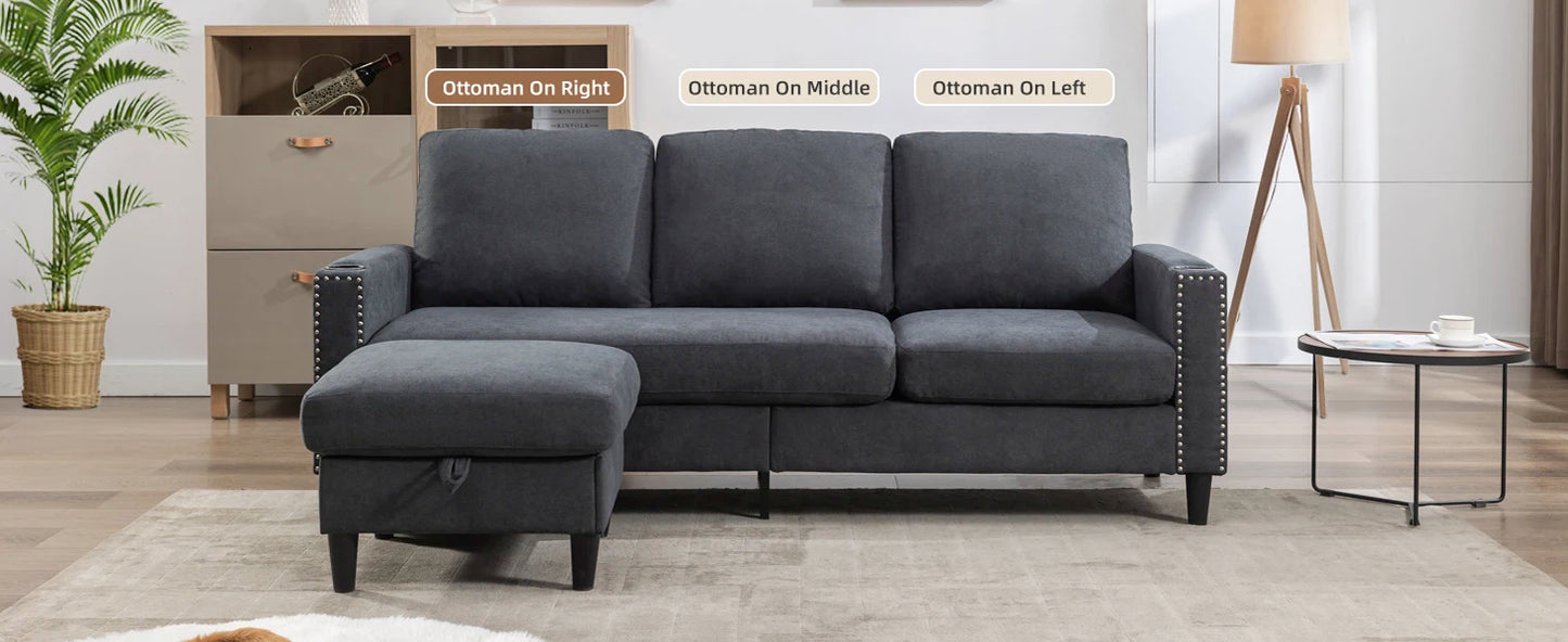 Sofás seccionales convertibles para sala de estar, sofá en forma de L, sofás de 3 plazas con chaise longue con espacio de almacenamiento y 2 portavasos, muebles para el hogar