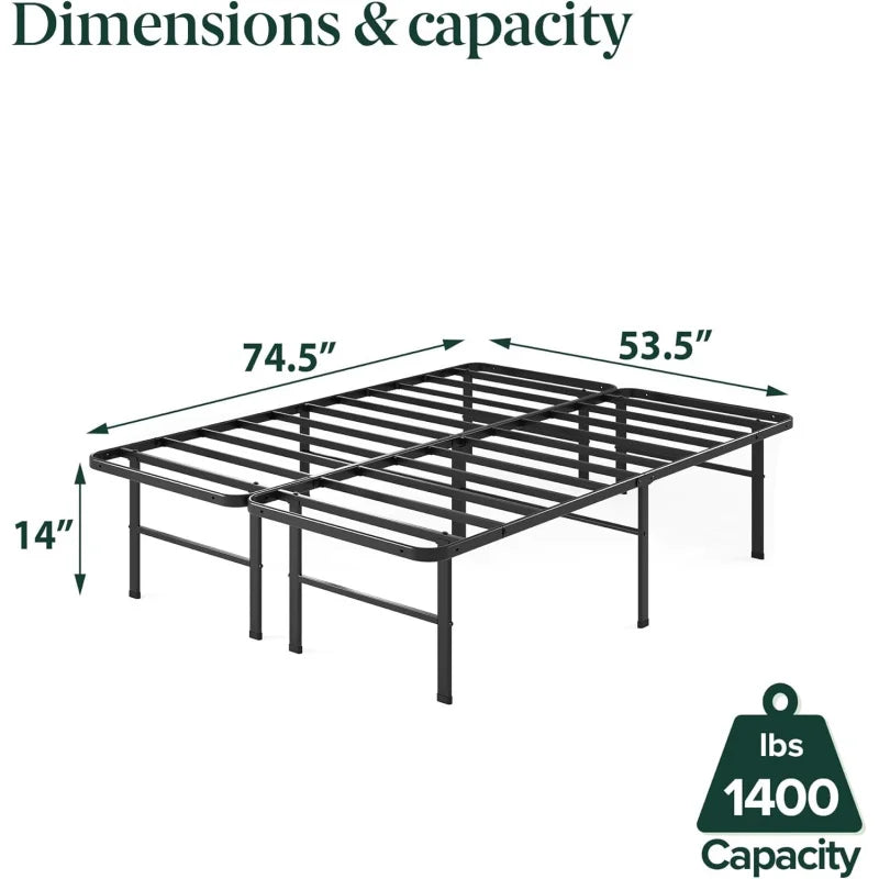 Rumi 14In Easy SmartBase® Mattress Foundation, Sturdy Metal Bed Frame, No Box Spring Needed, Eco Friendly Packaging, Full