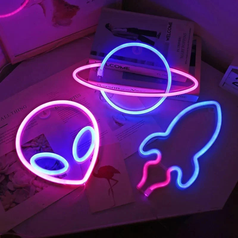 Lumière néon fête LED Aliens ET Terre Planète Fusée LED Veilleuse pour décoration de chambre Panneau néon Papier peint Décoration de Noël