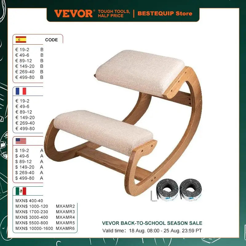 VEVOR Chaise à bascule ergonomique en bois pour genoux, tabouret pour posture correcte, chaise d'ordinateur, mobilier de bureau à domicile original, coussin épais