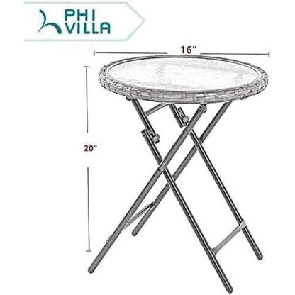 Patio Outdoor Small Rattan Round Side/End Table，Patio Coffee Tempered Glass Table, Black