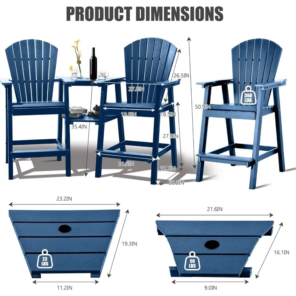 Tall Adirondack Chairs Set of 2,Recycled Poly Balcony Chair with Double Connecting Tray Patio Stools Weather Resistant Navy Blue