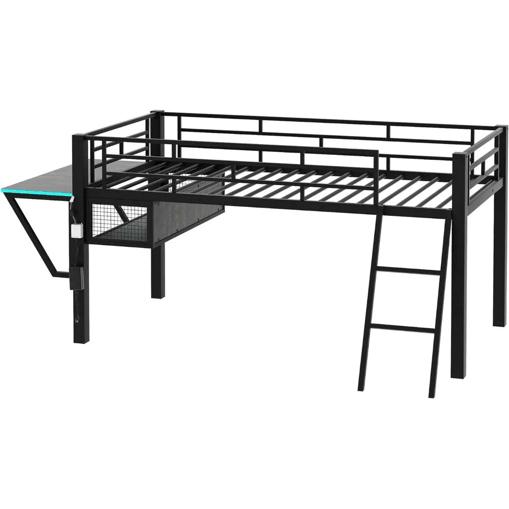 Cama alta para juegos de tamaño doble con escritorio, LED y escalera, estructura de cama alta de metal con compartimento de almacenamiento de malla ventilada, color negro