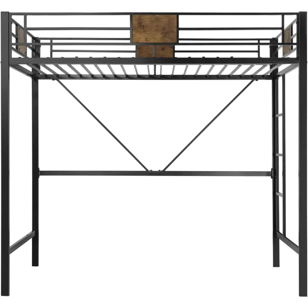 Cadre de lit mezzanine en métal pour lit simple avec escaliers et garde-corps sur toute la longueur, peu encombrant, pas besoin de sommier, silencieux, noir