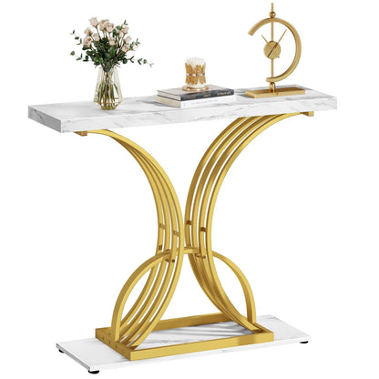 US  Modern Gold Console Table 39" Entryway Table with White Faux Marble Living Room furniture living room marble