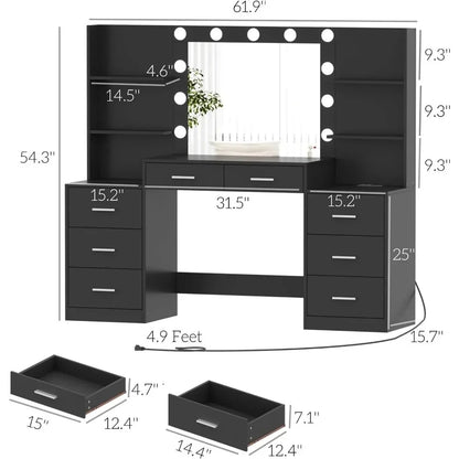 Coiffeuse avec miroir et lumières, avec multiprise, 3 modes d'éclairage, luminosité réglable, grand tiroir et six rangements ouverts