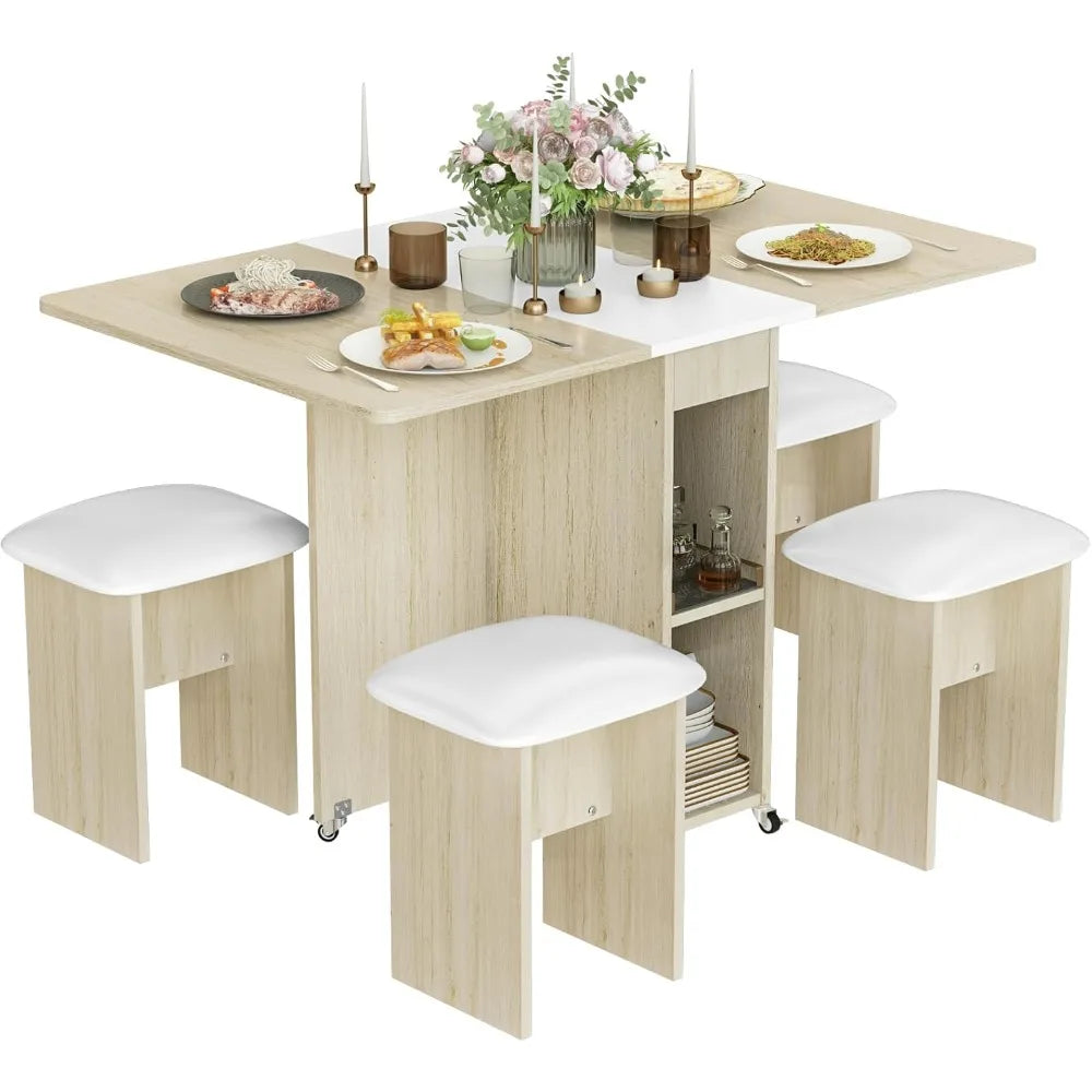 Table à manger, ensemble de table à manger pliante pour 4 personnes avec 4 chaises en cuir, table à manger pliable peu encombrante avec 6 roulettes